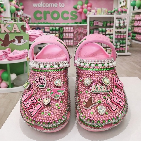 CROCS Shoes - Crocs Alpha Kappa Alpha AKA Custom Rhinestone Clogs Pink Green Womens 9 Mens 7